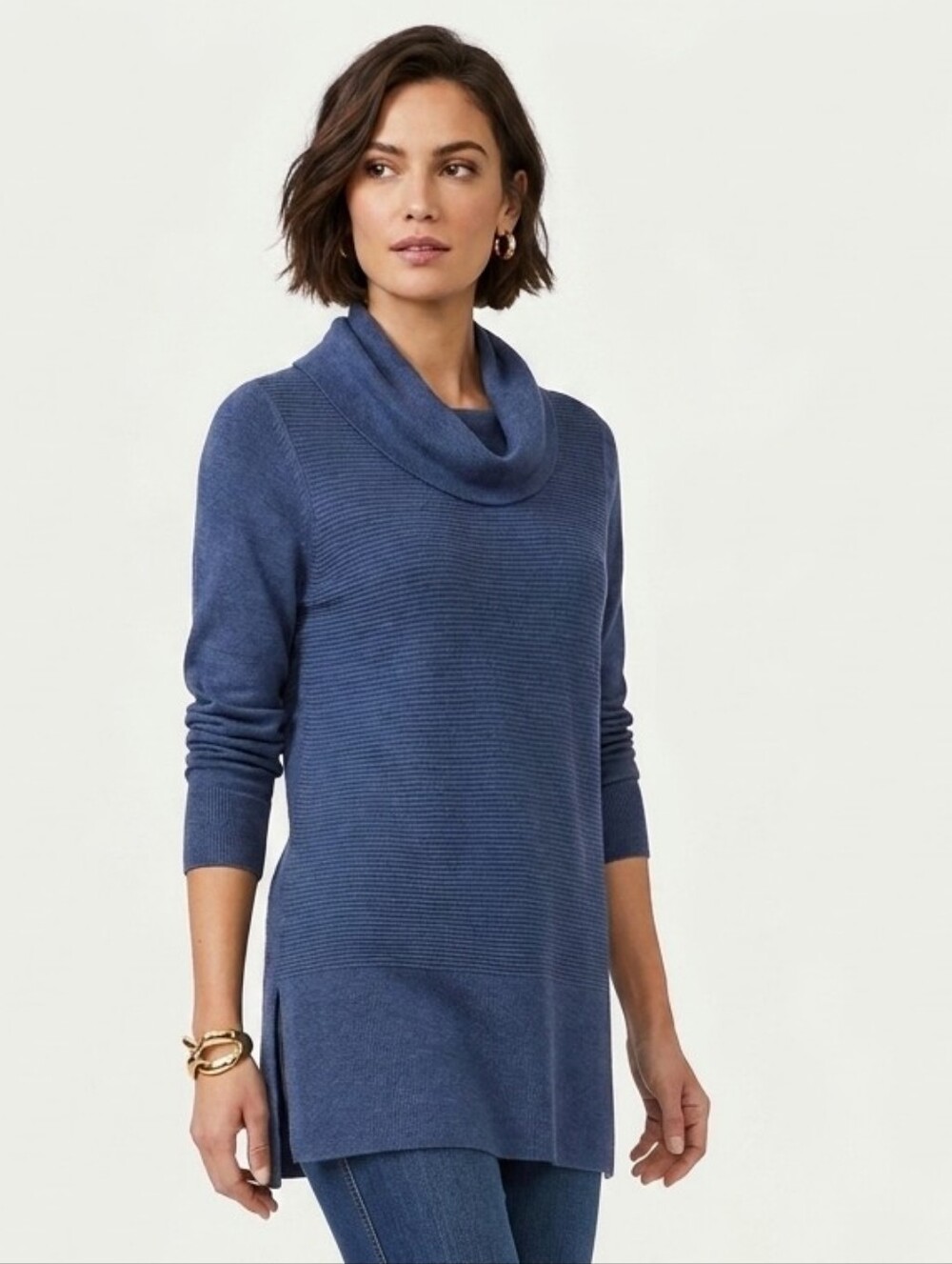 Adrienne Vittadini Navy Ribbed Cowl Neck Sweater Large